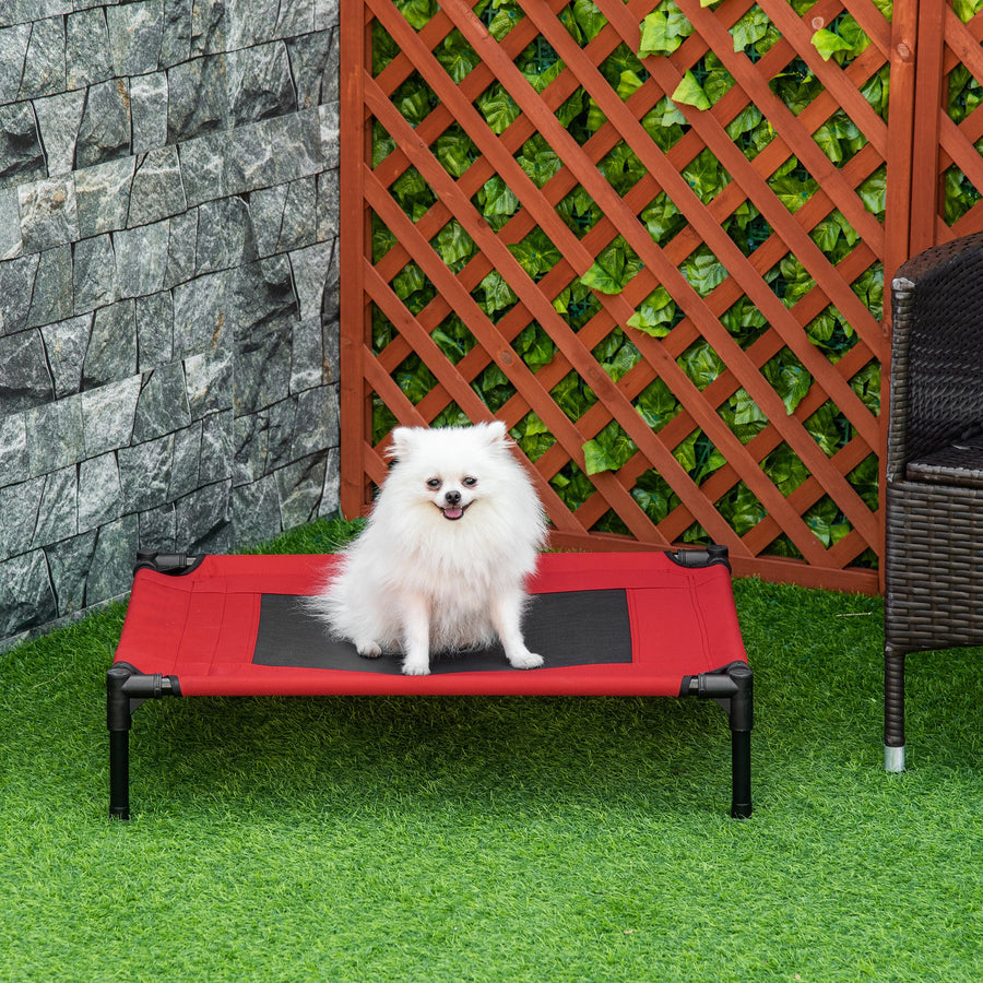 Raised Dog Bed Cat Elevated Lifted Portable Camping w/ Metal Frame Black and Red (Medium)