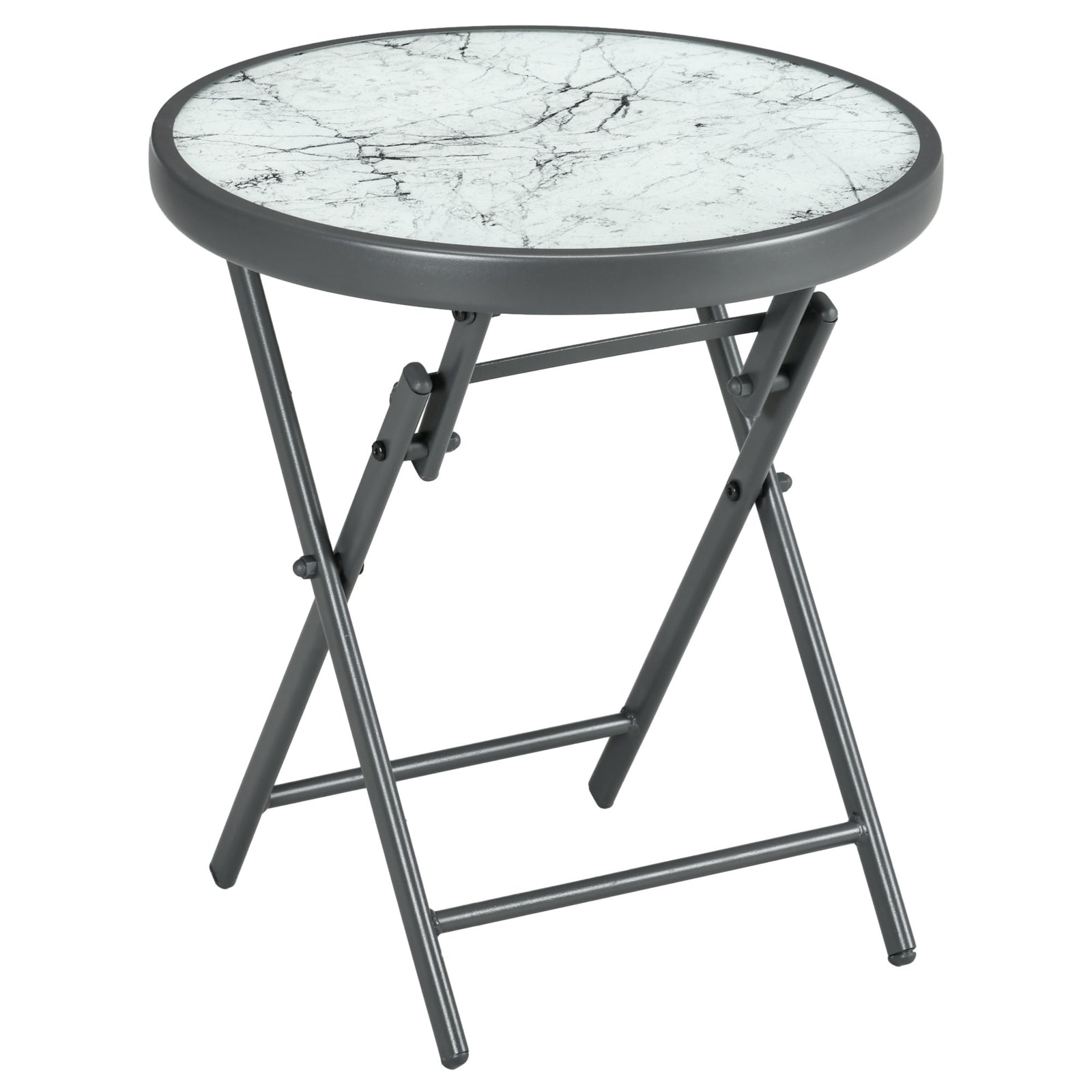 Φ45cm Garden Side Table, Outdoor Round Folding Patio Table with Imitation Marble Glass Top, Small Coffee Table, White