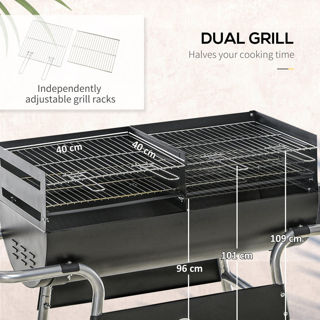Charcoal Barbecue Grill BBQ Trolley with Double Grill, Adjustable Grill Height, Side Table, Storage Shelf, and Wheels for Outdoor Cooking, 130 x 51 x 111cm, Black