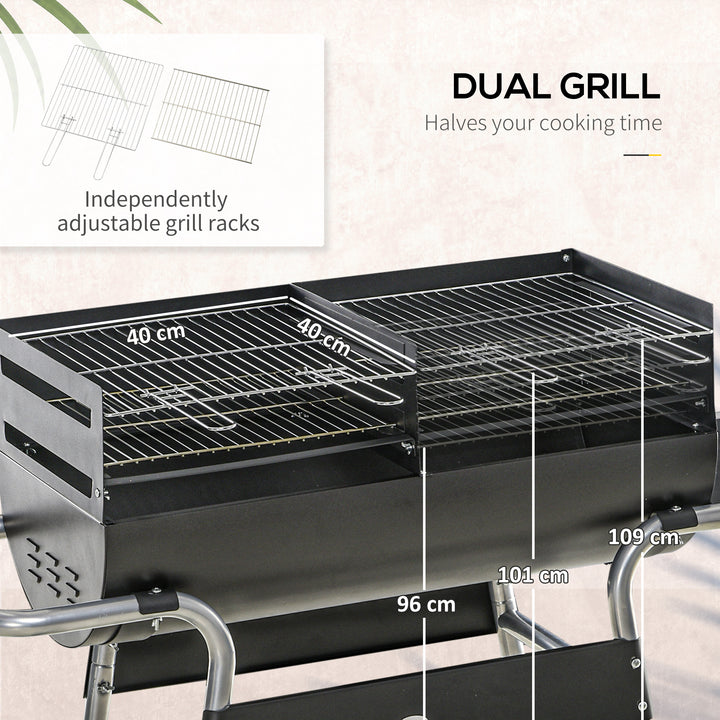 Charcoal Barbecue Grill BBQ Trolley with Double Grill, Adjustable Grill Height, Side Table, Storage Shelf, and Wheels for Outdoor Cooking, 130 x 51 x 111cm, Black