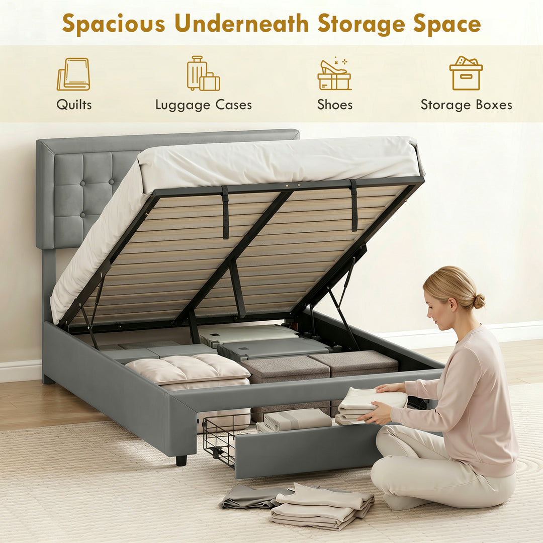 PU Leather King Size Ottoman Bed Frame, with Front Drawer - Grey