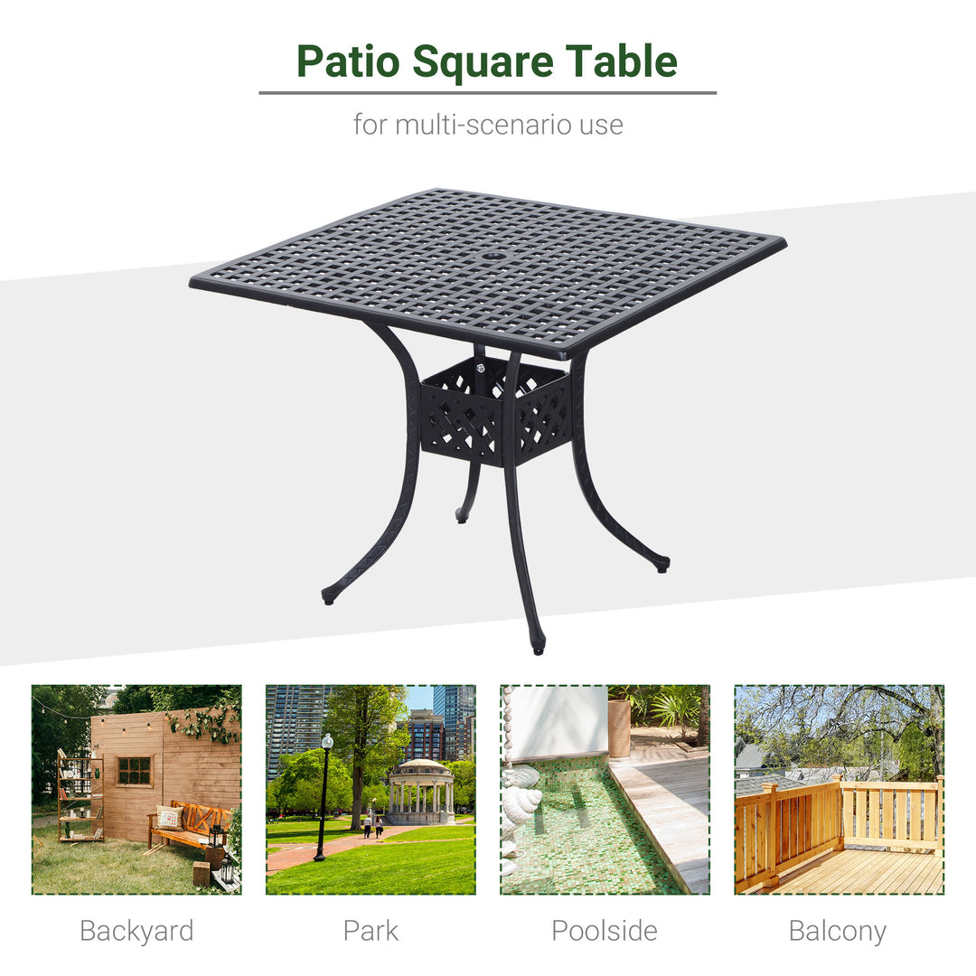 MCL 90cm Square Garden Table with Umbrella Hole, Aluminium Grid Motif Outdoor Dining Table for Garden Patio, Black