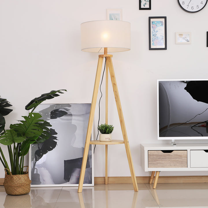 Tripod Floor Lamp, Freestanding Bedside Light Reading Light with Storage Shelf and Linen Shade for Living Room Bedroom, 154cm, Cream