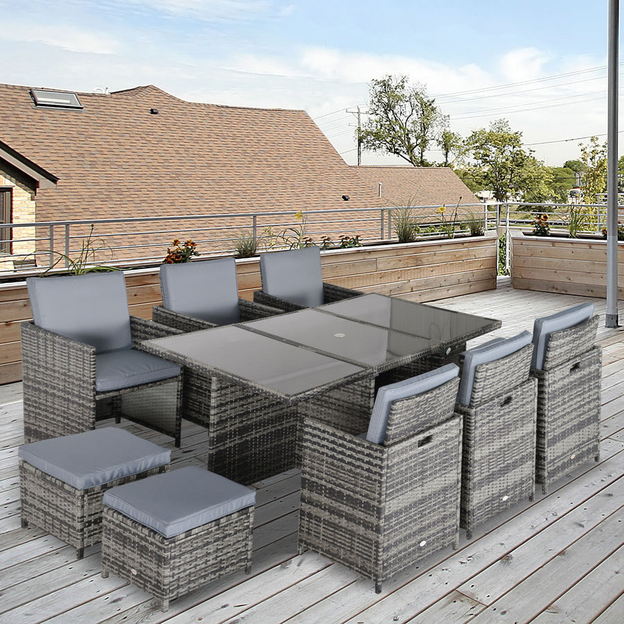 10 Seater Rattan Cube Garden Furniture Set with Parasol Hole, Rattan Dining Set with Cushions, Outdoor Dining Table and Chairs with Rectangular Glass Top Table for Patio, Mixed Grey