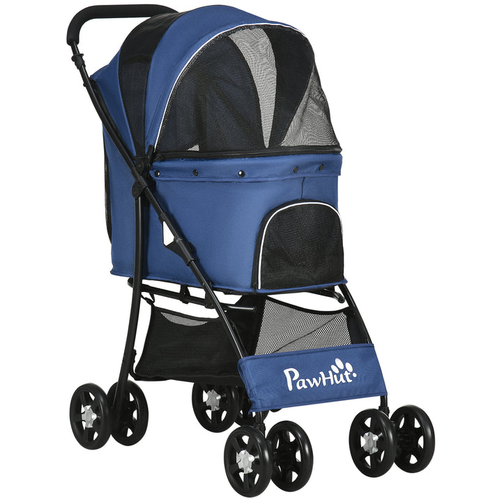 PawHut Foldable Pet Stroller, Dog Cat Travel Carriage with Universal Wheels, Brake Canopy, Basket Storage, Dark Blue. | Aosom UK