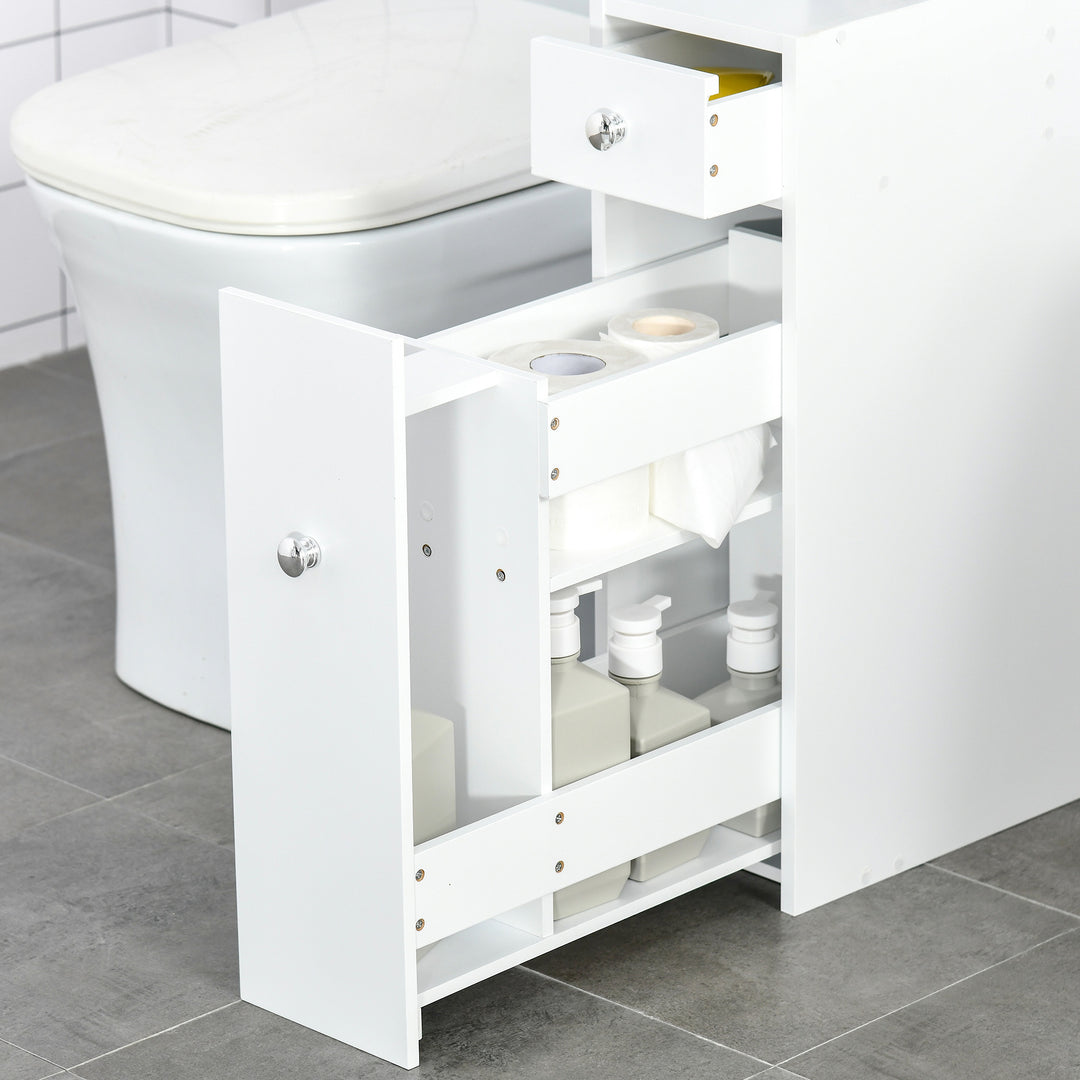 MCL Bathroom Slim Floor Cabinet Narrow Wooden Storage Home Bath Toilet Cupboard Organiser Unit with Drawers White
