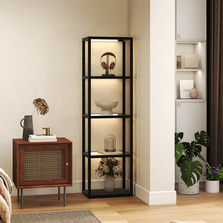 LED Floor Lamp with Glass Shelves, 4 Layers Dimmable Tall Standing Lamp, Modern Column Shelf Floor Light for Living Room, Bedroom, Office, Black