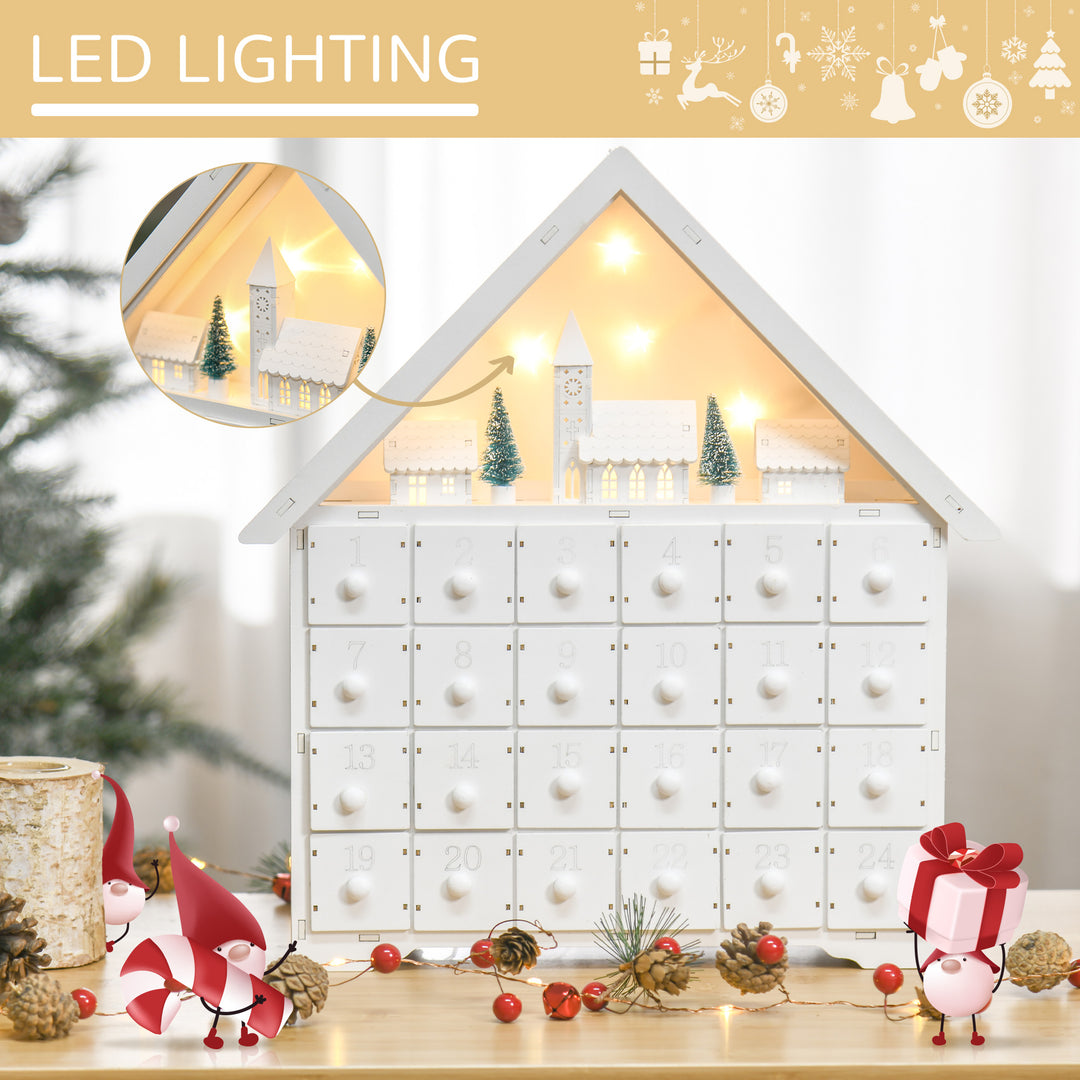 HOMCOM Christmas Advent Calendar, Light Up Table Xmas Wooden House Holiday Decoration with Countdown Drawer, Village, White | Aosom UK