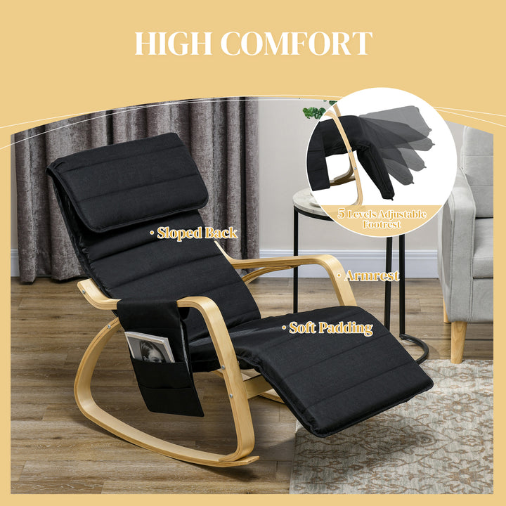 Rocking Lounge Chair Recliner Relaxation Lounging Relaxing Seat with Adjustable Footrest, Side Pocket and Pillow, Black