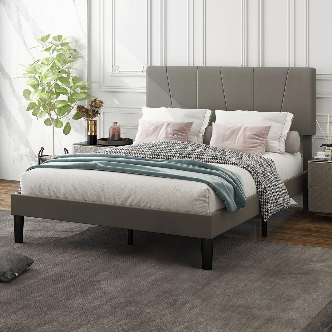 Double Bed Frame, with Velvet-Feel Headboard - Grey - view 2