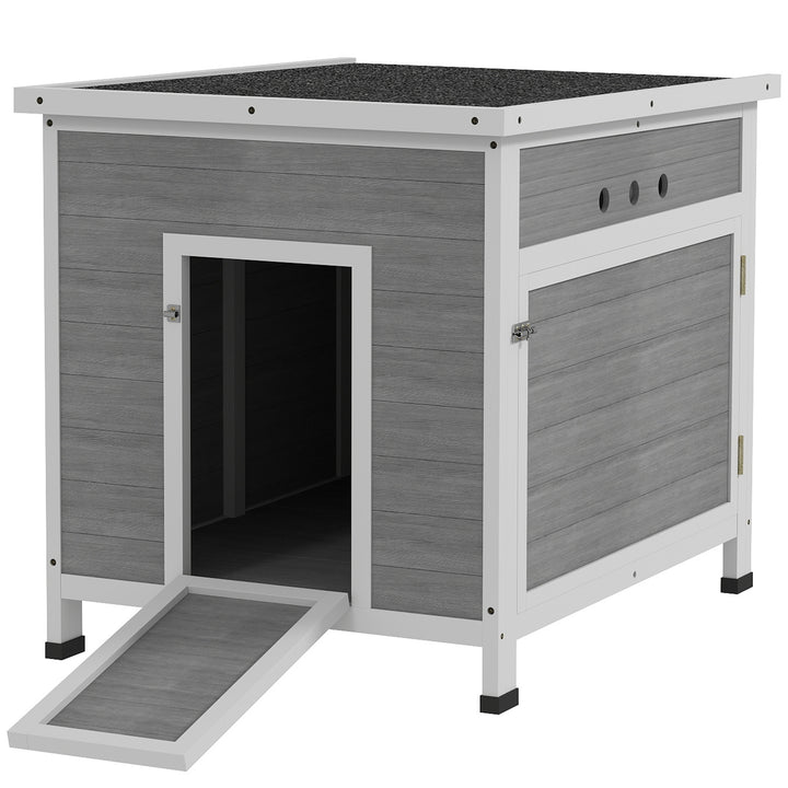 PawHut Wooden Duck House with Ramp, Double Doors, Openable Asphalt Roof, Ventilation Holes, Removable Base, Light Grey