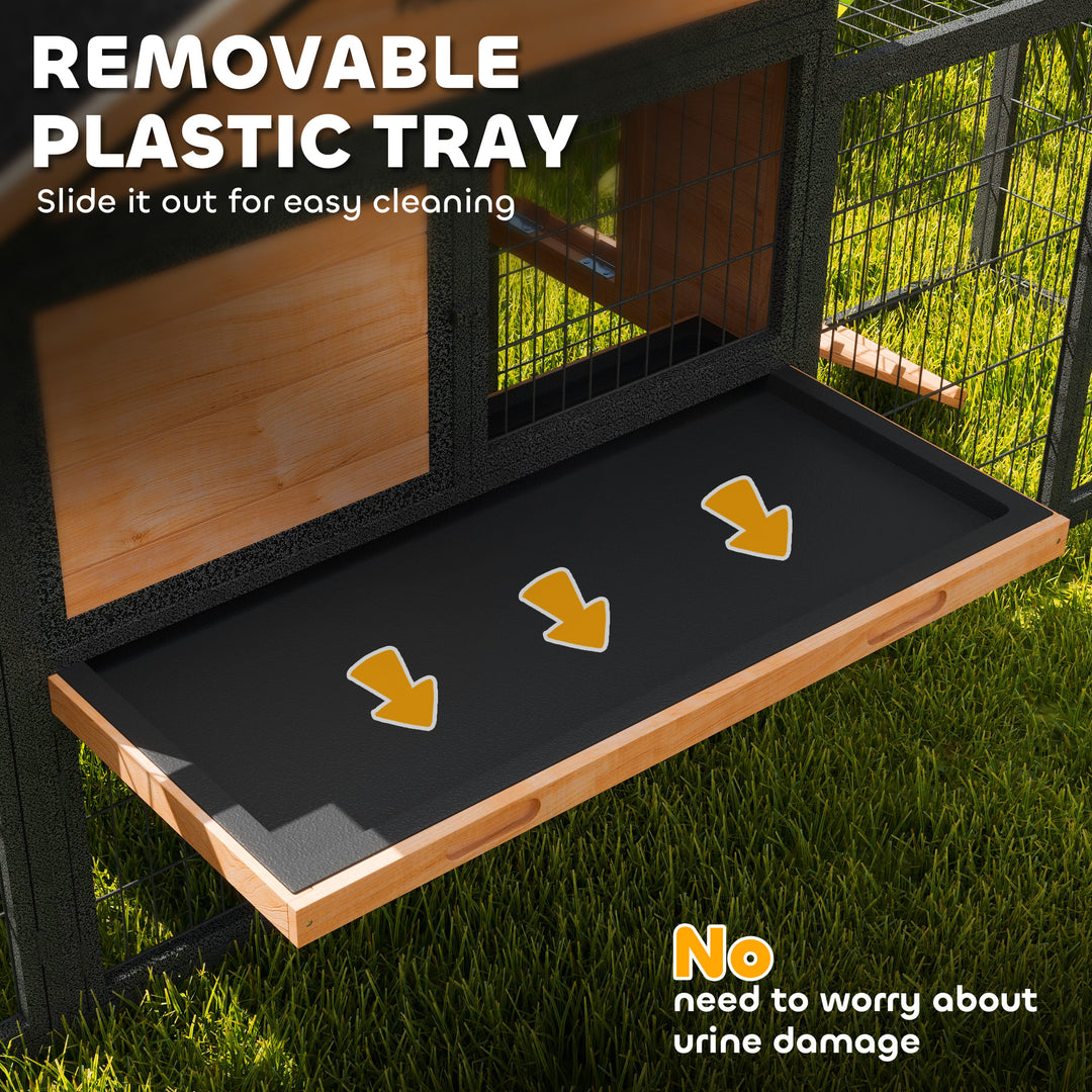 Wooden Rabbit Hutch Outdoor with Steel Run, Wooden Guinea Pig Cage with Removable Plastic Tray, Asphalt Roof, Ramp