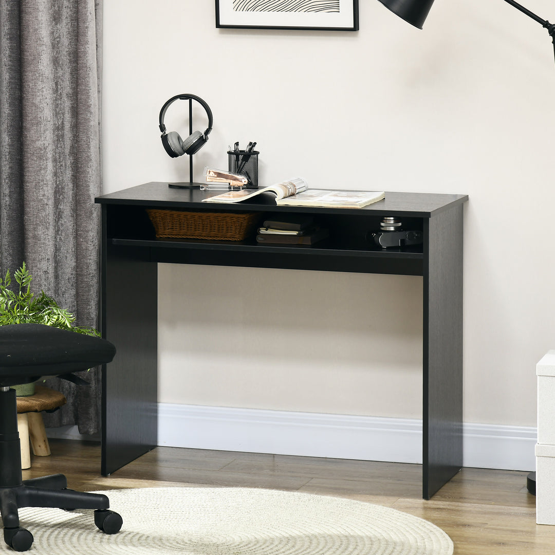 Modern Computer Desk, Home Office Table, Small Writing Desk with Storage Shelf, 90 x 50cm, Black Wood Grain
