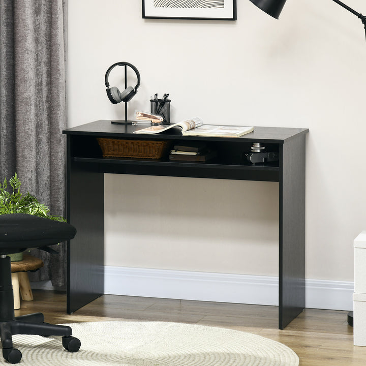 Modern Computer Desk, Home Office Table, Small Writing Desk with Storage Shelf, 90 x 50cm, Black Wood Grain