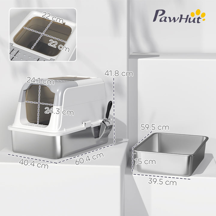Extra Large Stainless Steel Litter Box, Enclosed Cat Litter Tray with Scoop, Deodorizer Bag, Front-Entry and Top-Exit