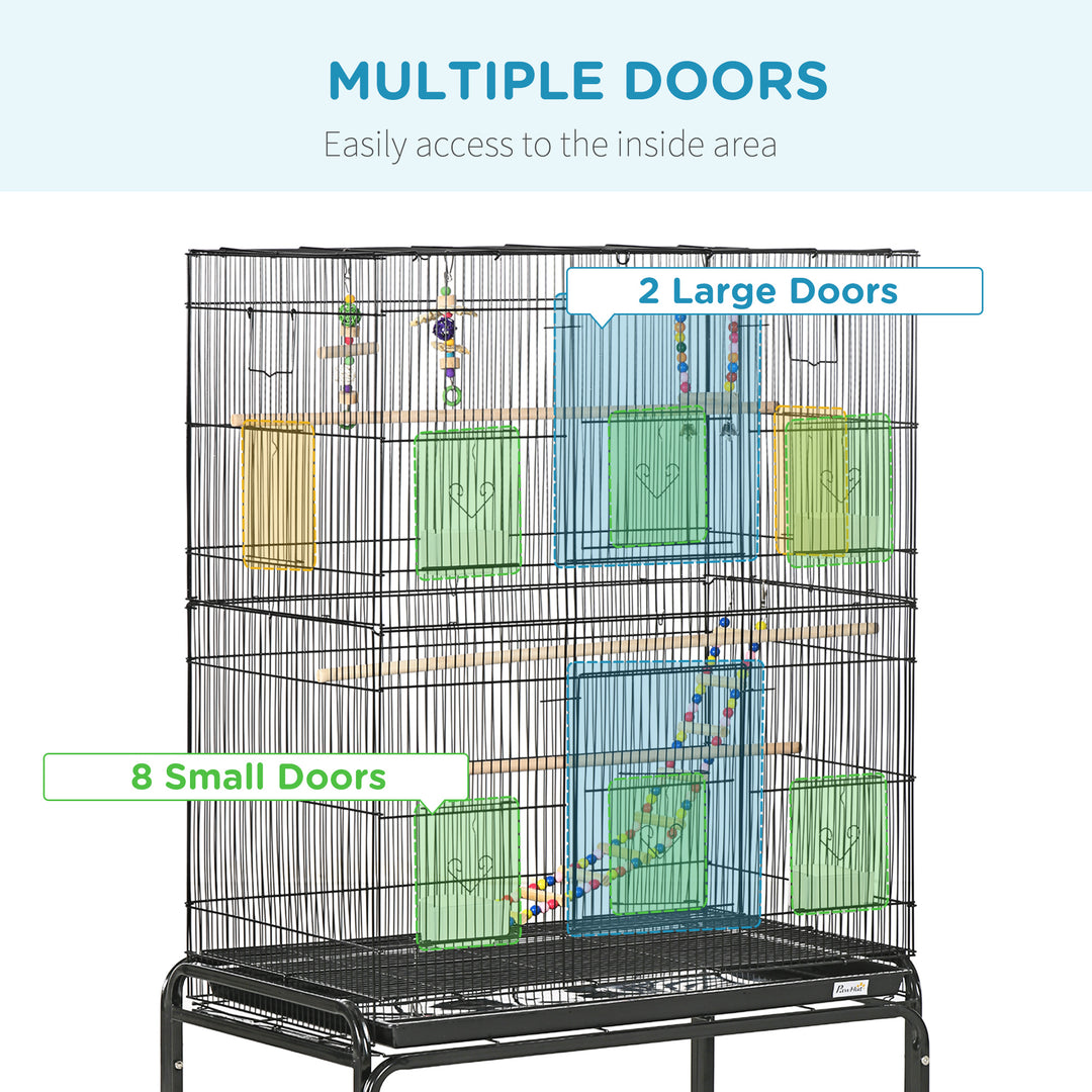 PawHut Steel Budgie Cage 133cm High with Stand, Slide-Out Tray, Toys, Storage Shelf for Canaries, Finches, Lovebirds, Parakeets, Black | Aosom UK