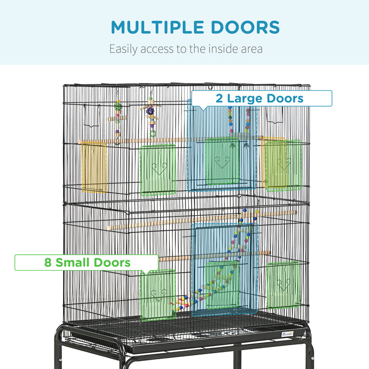 PawHut Steel Budgie Cage 133cm High with Stand, Slide-Out Tray, Toys, Storage Shelf for Canaries, Finches, Lovebirds, Parakeets, Black | Aosom UK