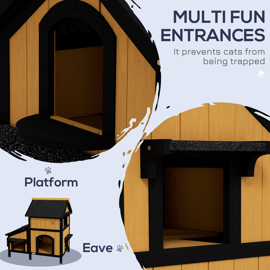 Wooden Cat House with Flower Pot, Windows, Multiple Entrances, Water-Resistant Roof for Outdoor - Yellow
