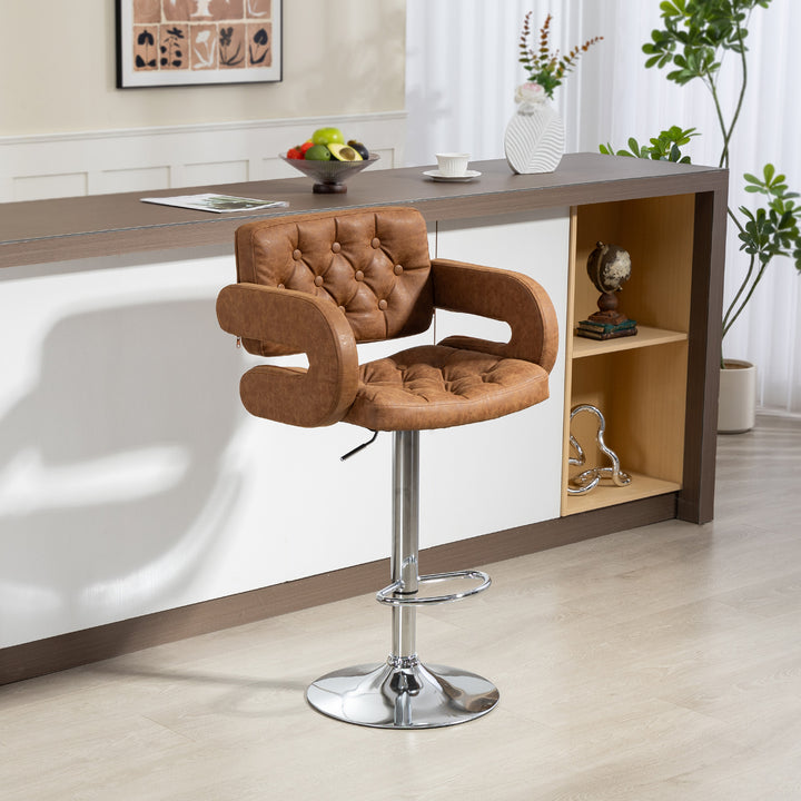 MCL PU Leather Upholstered Swivel Bar Stool, Height Adjustable with Back, Armrest, Footrest, Brown