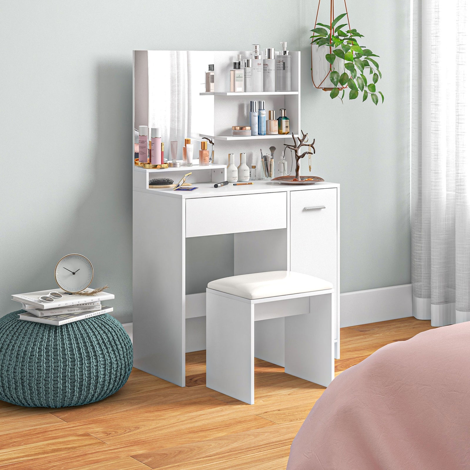 Dressing Table and Stool Set, with Storage - White