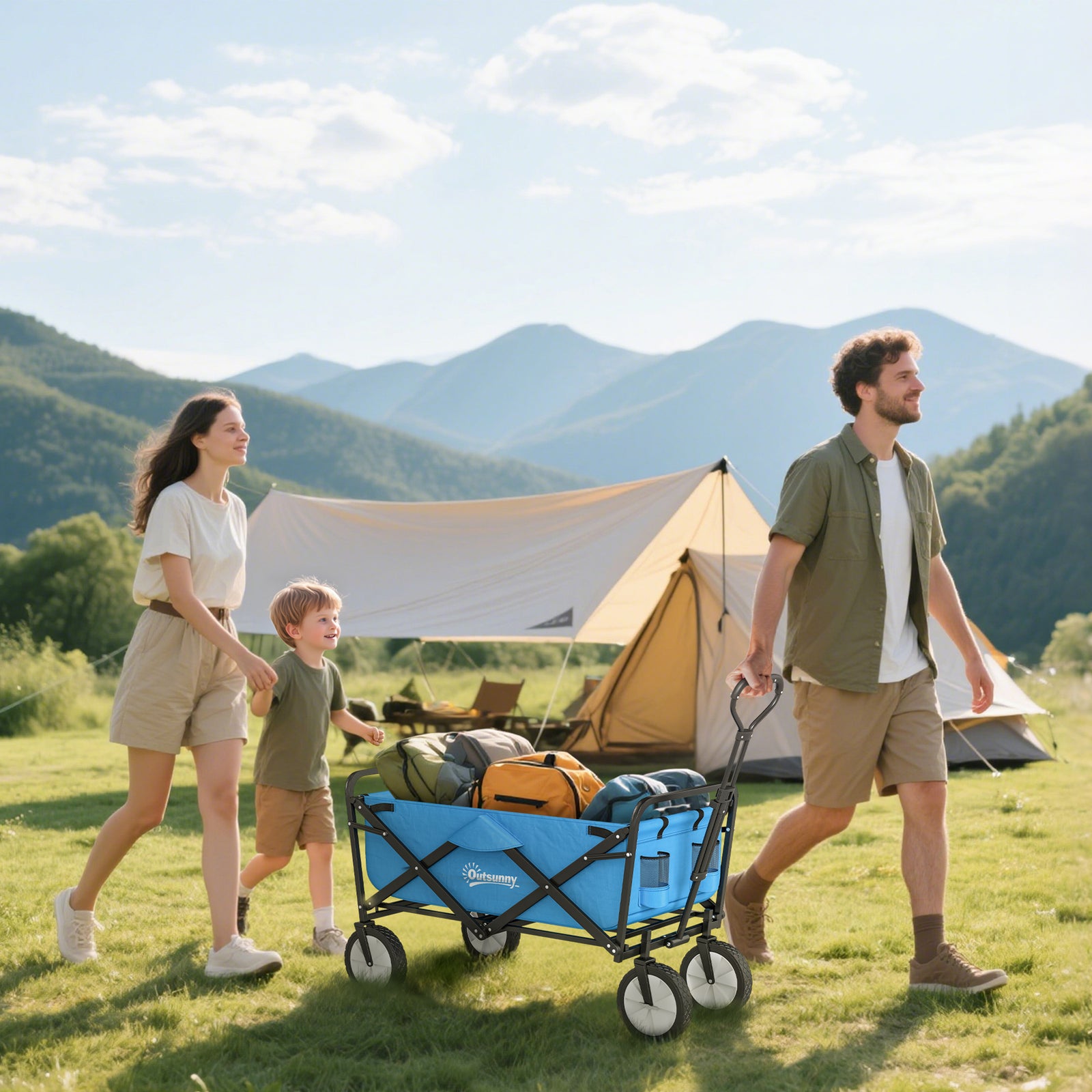 90L Festival Trolley on Wheels, Folding Camping Trolley Cart with Adjustable Handle, Portable for Outdoor, Garden, Shopping, Fishing, Blue