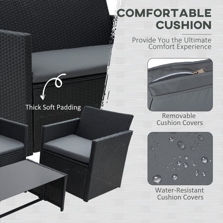 4 Pieces PE Rattan Garden Sofa Set with Cushions, Outdoor Patio Wicker Weave Conservatory Furniture Set with a Loveseat, 2 Armchairs and a Glass Top Coffee Table, Black