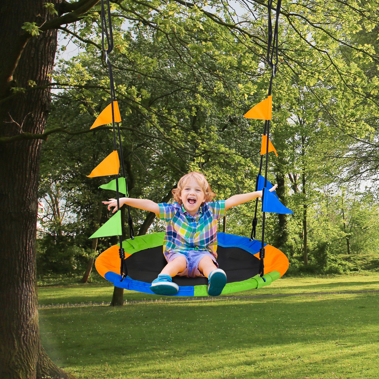 Kid Nest Swing Seat Saucer Tree Swing 40 Inch/100cm Adjustable Rope Outdoor Indoor for Kids Over 3 Years Old Multi-Colour