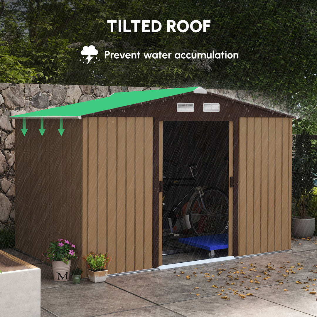 9 x 6ft Metal Garden Shed, Outdoor Storage Tool House with Ventilation Slots, Foundation Kit and Lockable Double Doors, Light Brown