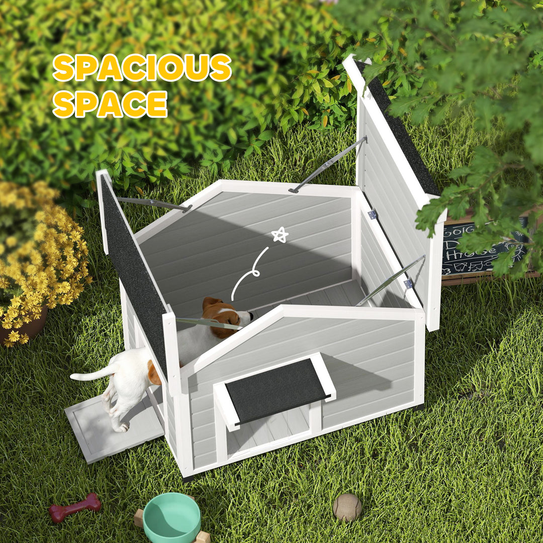 Wooden Dog House Outdoor with Openable Roof, Removable Floor, Curtain, Elevated Feet, for Medium Dogs, Light Grey