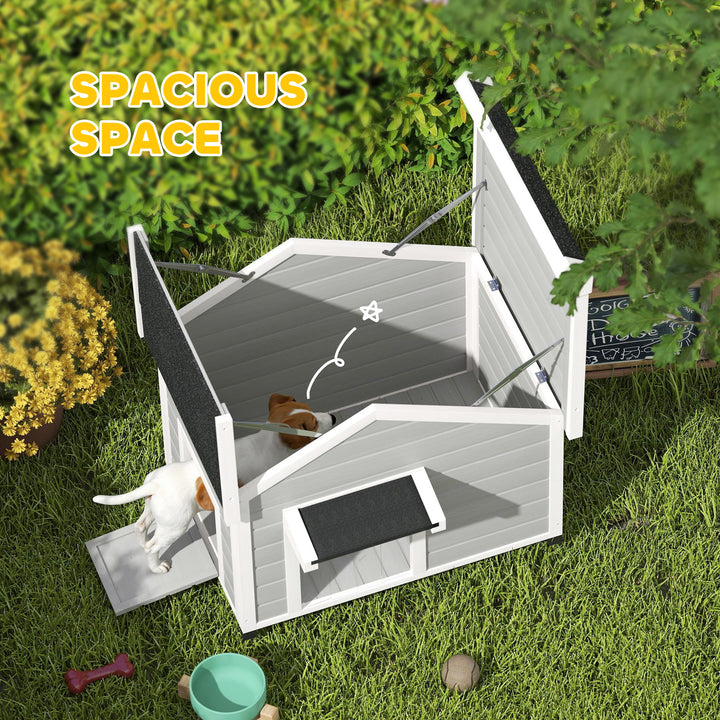 Wooden Dog House Outdoor with Openable Roof, Removable Floor, Curtain, Elevated Feet, for Medium Dogs, Light Grey