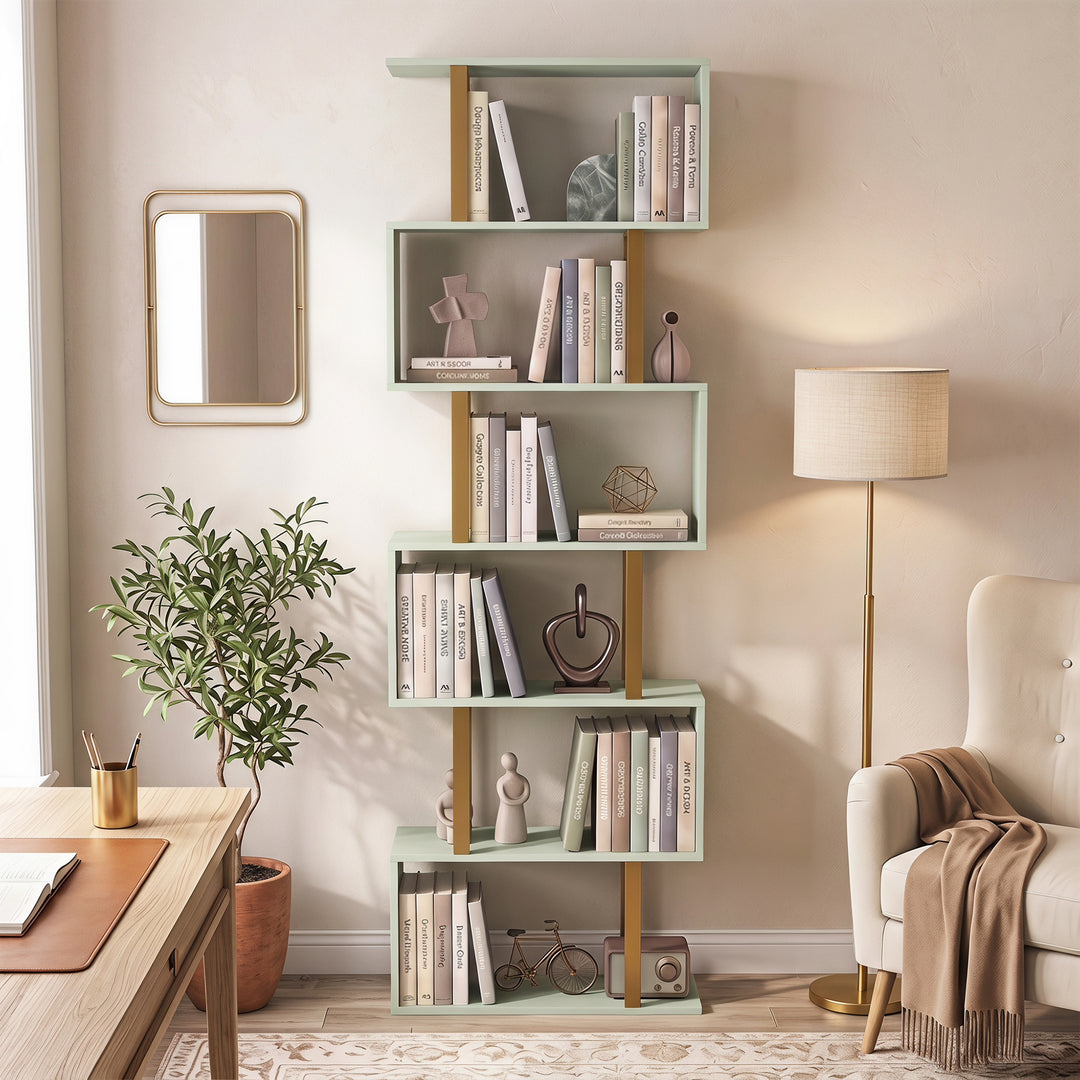 S-Shaped Bookshelf, 6-Tier Bookcase, Freestanding Storage Shelves with