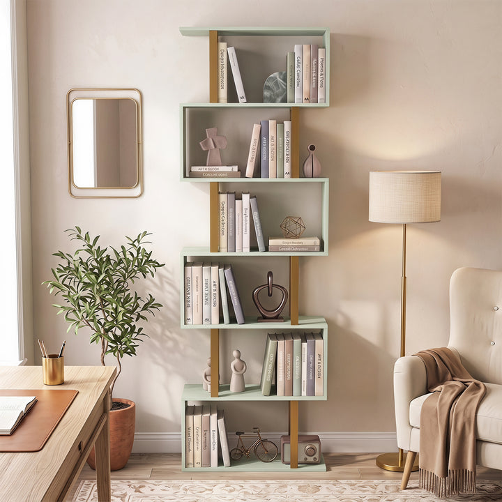 S-Shaped Bookshelf, 6-Tier Bookcase, Freestanding Storage Shelves with