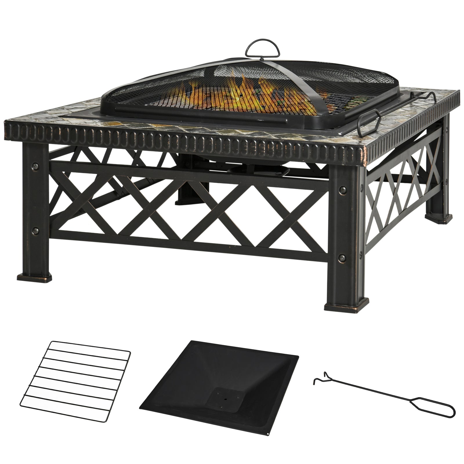 Large Outdoor Fire Pit Table, 3 in 1 Square Wood Burning Firepit Metal Brazier, BBQ Grill, Ice Bucket w/ Grill Grate, Log Grate, Lid, Poker for Garden, Camping, Bonfire, 76 x 76 x 47cm, Black