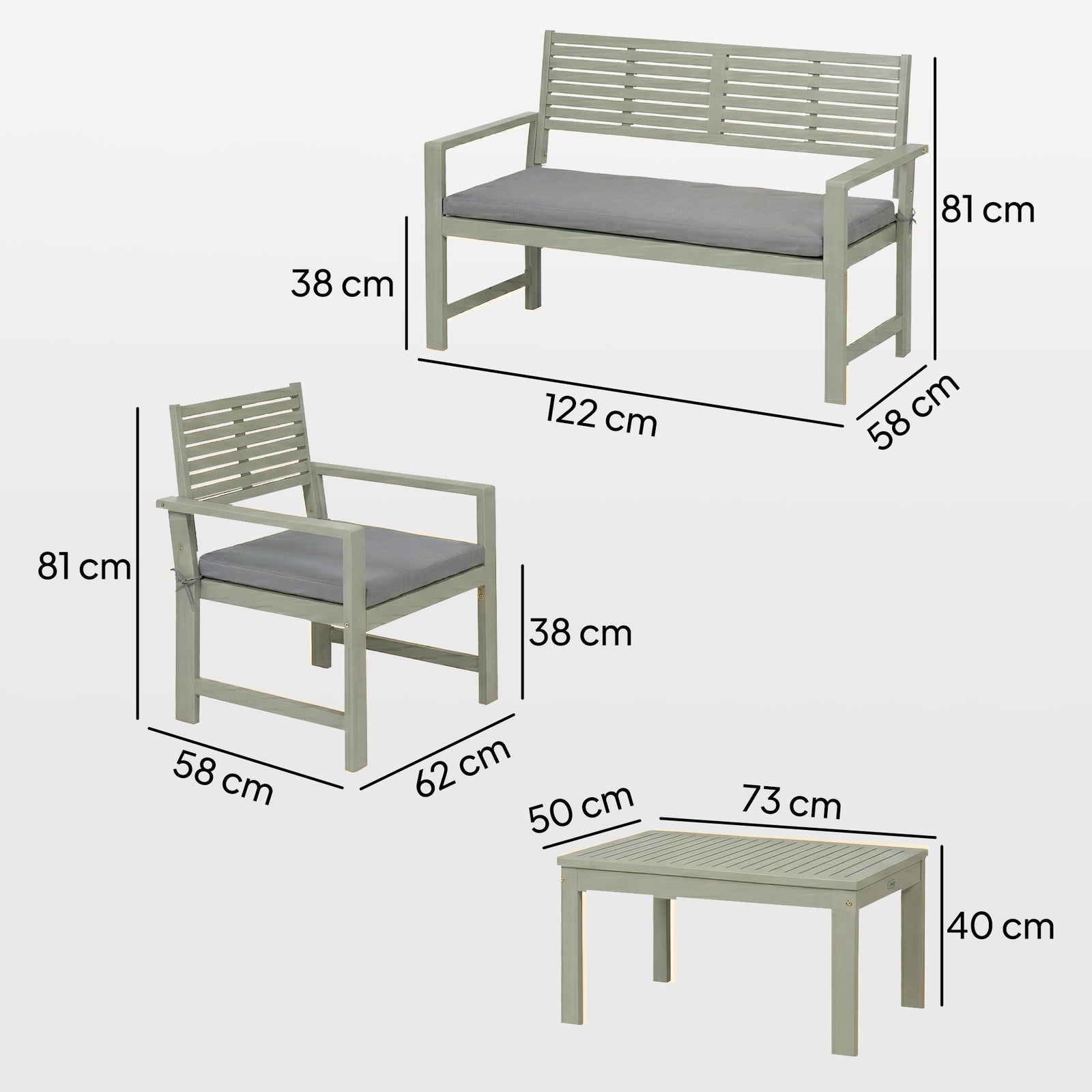 4 Seater Wooden Garden Furniture Set with Loveseat, Armchairs, Table, 