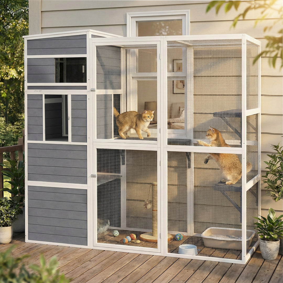 4-Tier Wooden Catio Cat Outdoor Enclosure with Sun Roof, Resting Rooms, 3 Platforms, Window Outdoor Indoor