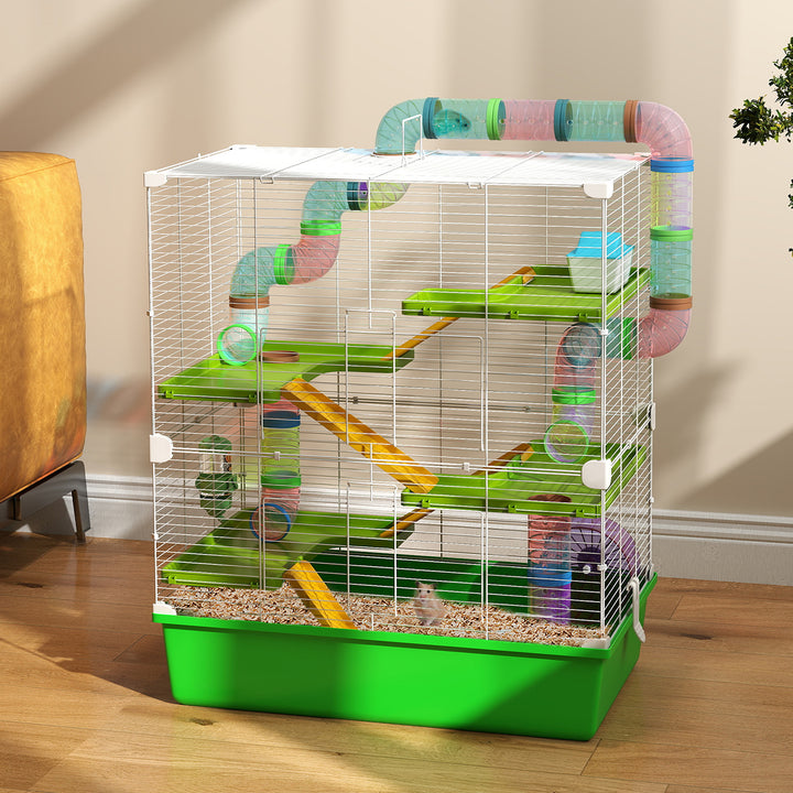 PawHut Hamster Cage w/ Water Bottle, Exercise Wheel, Tubes, Ramps - Green | Aosom UK