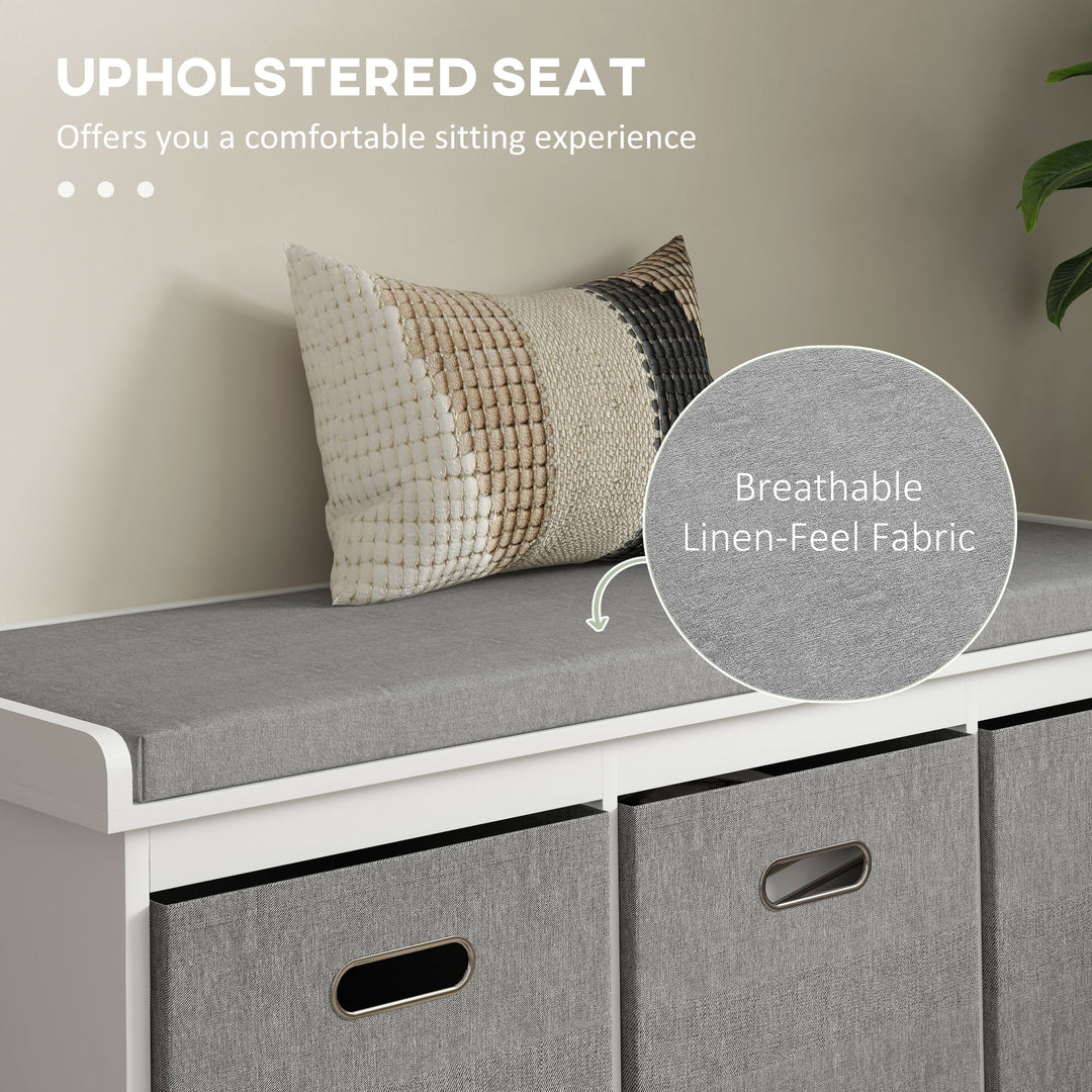 Three-Drawer Shoe Storage Bench, with Padded Top Seat - White