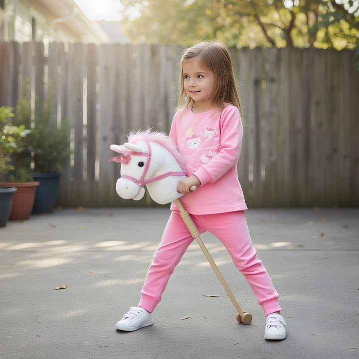 Unicorn Stick Horse with Wood Wheels, Real Pony Neighing and Galloping Sounds, Grip Handle, 95 cm