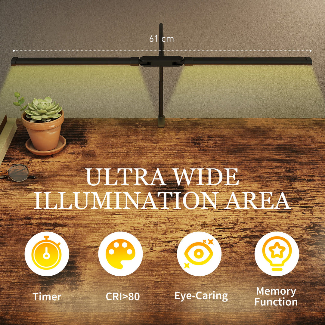 LED Desk Lamp with Clamp, Double Head Table Lamp with 3 Colour Modes & 10 Brightness Levels, Flexible Gooseneck Reading Desk Light with Timer and Memory Function for Study, Office, Work, Black