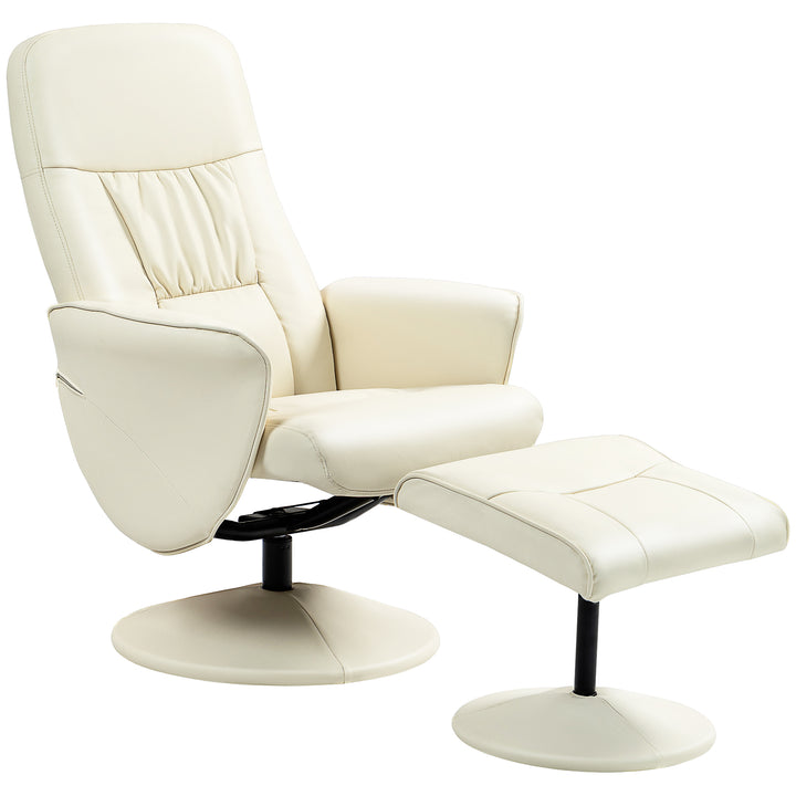 Swivel Recliner Chair with Footstool, HOMCOM PU Leather Armchair and Ottoman with High Back and Round Base for Living Room, Cream White | Aosom UK