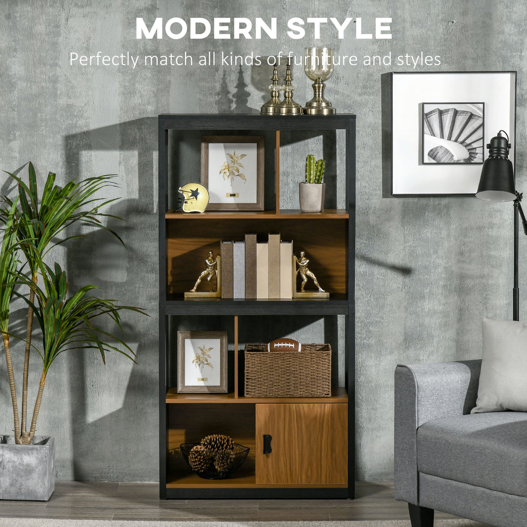 MCL Modern 4-Tier Bookshelf, Freestanding Bookcase with Storage Shelving and Closed Cabinet, for Living Room Home Office Study, Walnut Brown