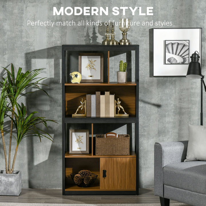 MCL Modern 4-Tier Bookshelf, Freestanding Bookcase with Storage Shelving and Closed Cabinet, for Living Room Home Office Study, Walnut Brown