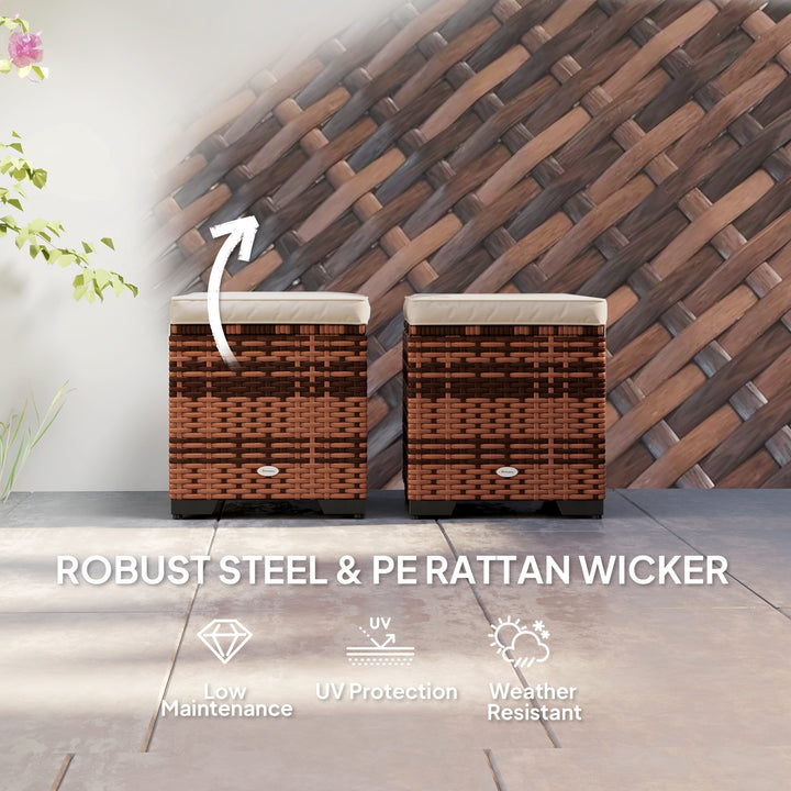 Set of 2 Rattan Storage Ottoman, Outdoor Footstool with Removable Cushions, Garden Storage Seat for Balcony, Porch, Living Room, Beige