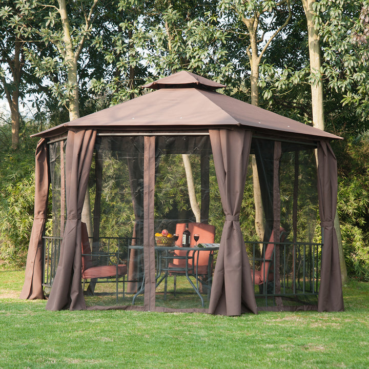 Outsunny Waterproof Hexagon Gazebo Patio Canopy Party Tent Outdoor Garden Shelter w/ 2 Tier Roof & Side Panel - Brown | Aosom UK