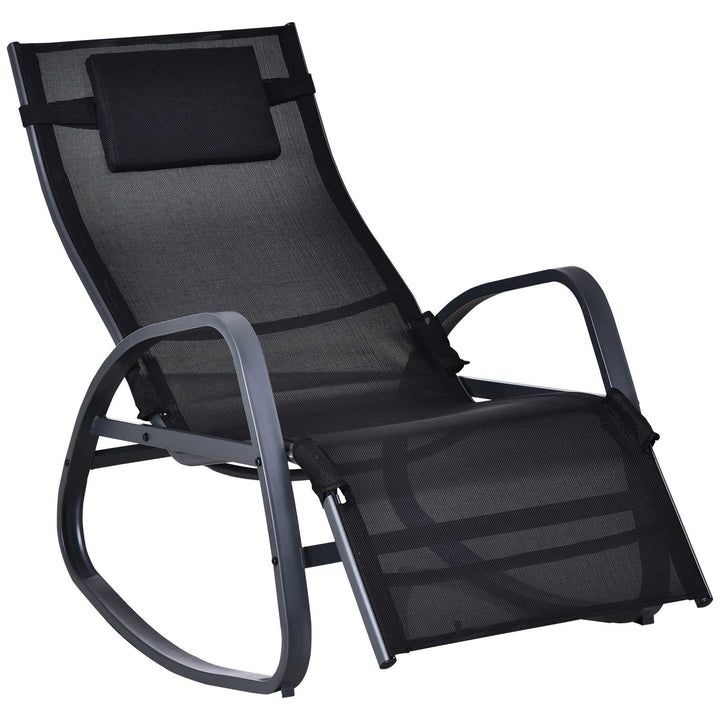 Garden Rocking Chair with 5-Level Adjustable Backrest, Rocking Sun Lounger with Removeable Headrest Pillow, Footrest, Armrest and Safety Stopper, Black