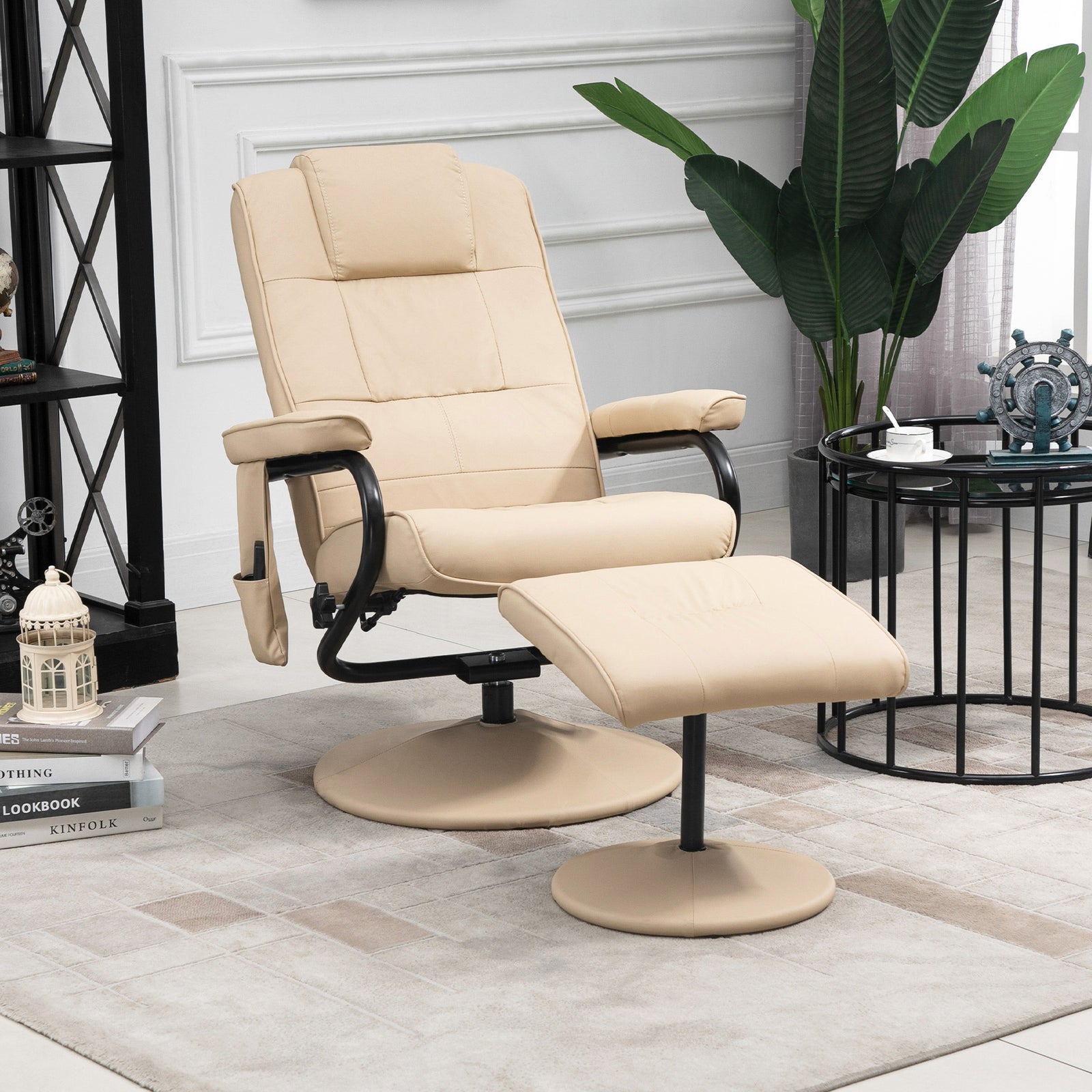 Swivel Recliner Chair and Footstool, Faux Leather Massage Recliner Armchair with Remote Control and Round Wrapped Base, Cream