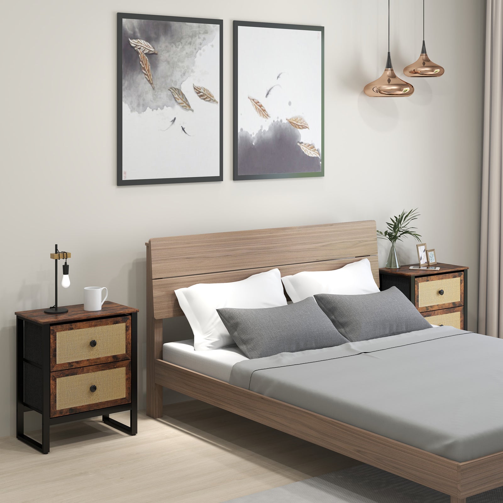 Industrial-Natural Bedside Table Set of 2 - Brown