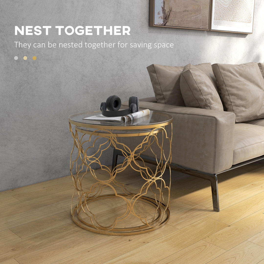 Nesting Tables Set of 2, Modern Stacking Side End Table with Tempered Glass Top, Metal Frame for Living Room Bedroom Office, Gold Tone