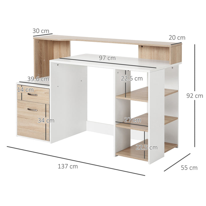 HOMCOM Computer Desk PC Table Modern Home Office Writing Workstation Furniture Printer Shelf Rack w/ Storage Drawer & Shelves (Oak and white)