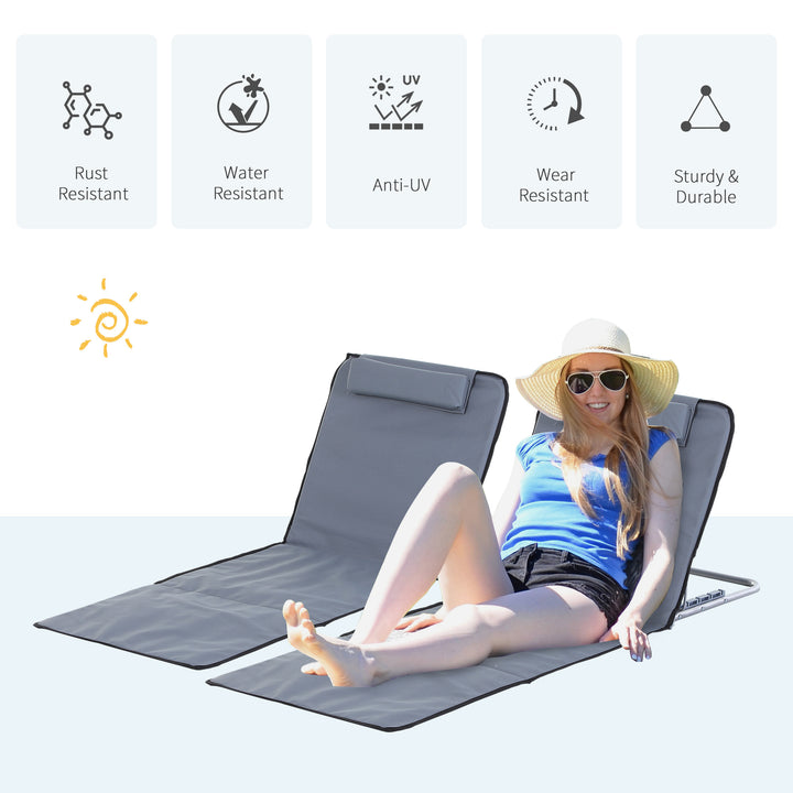 Set of 2 Foldable Garden Beach Chair Mat Lightweight Outdoor Sun Lounger Seats Adjustable Back Metal Frame PE Fabric Head Pillow w/ Carry Bag,Grey